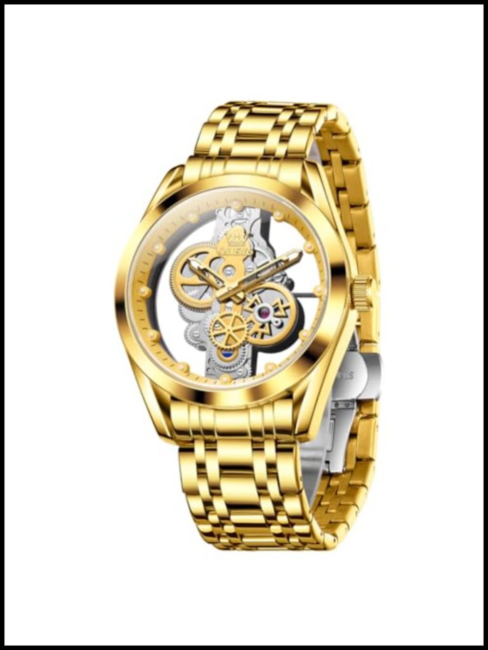 Men's Skeleton Quartz Analog Watch Stainless Steel Waterproof Luminous